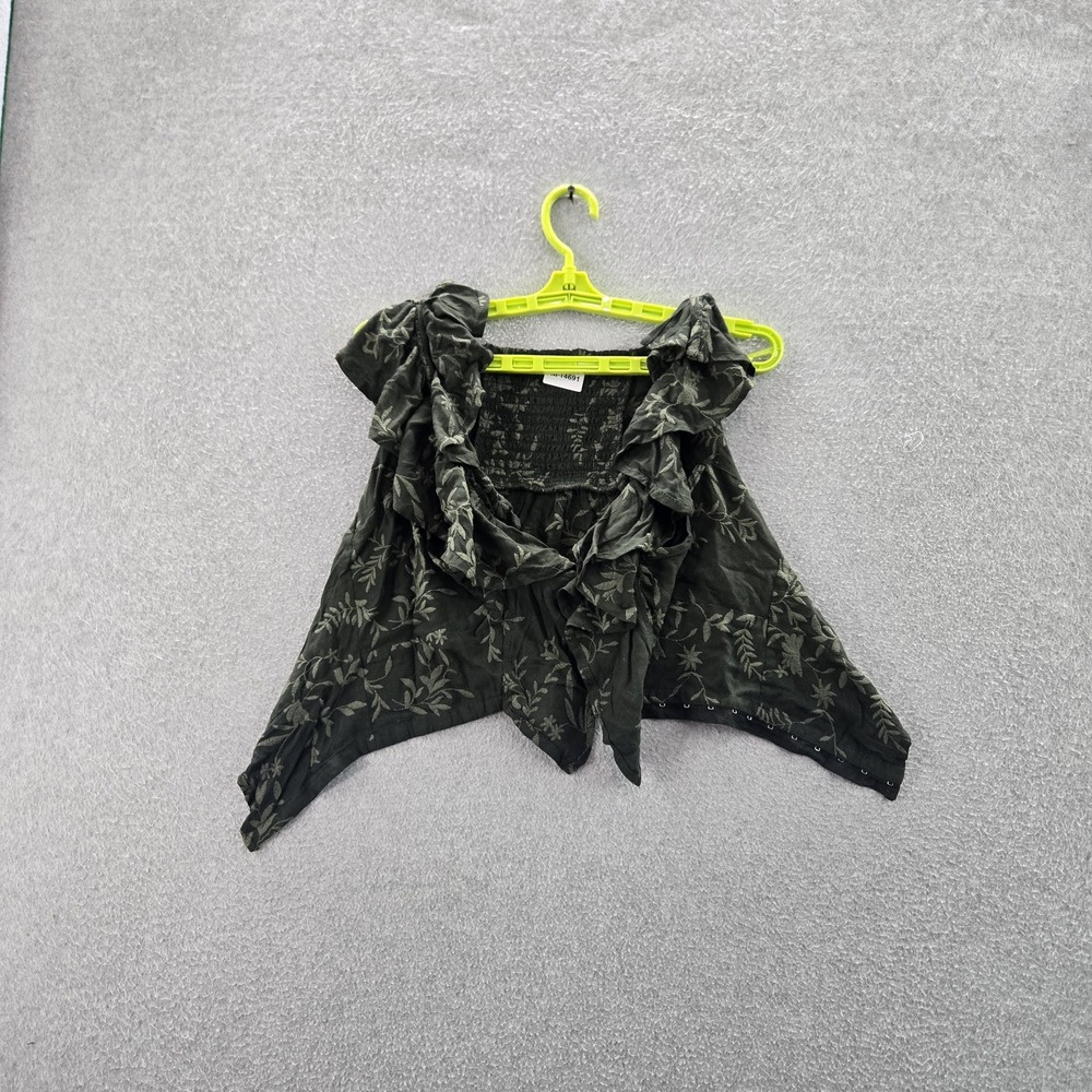 GUESS Women Blouse L Green Floral Ruffle V-Neck Pullover
